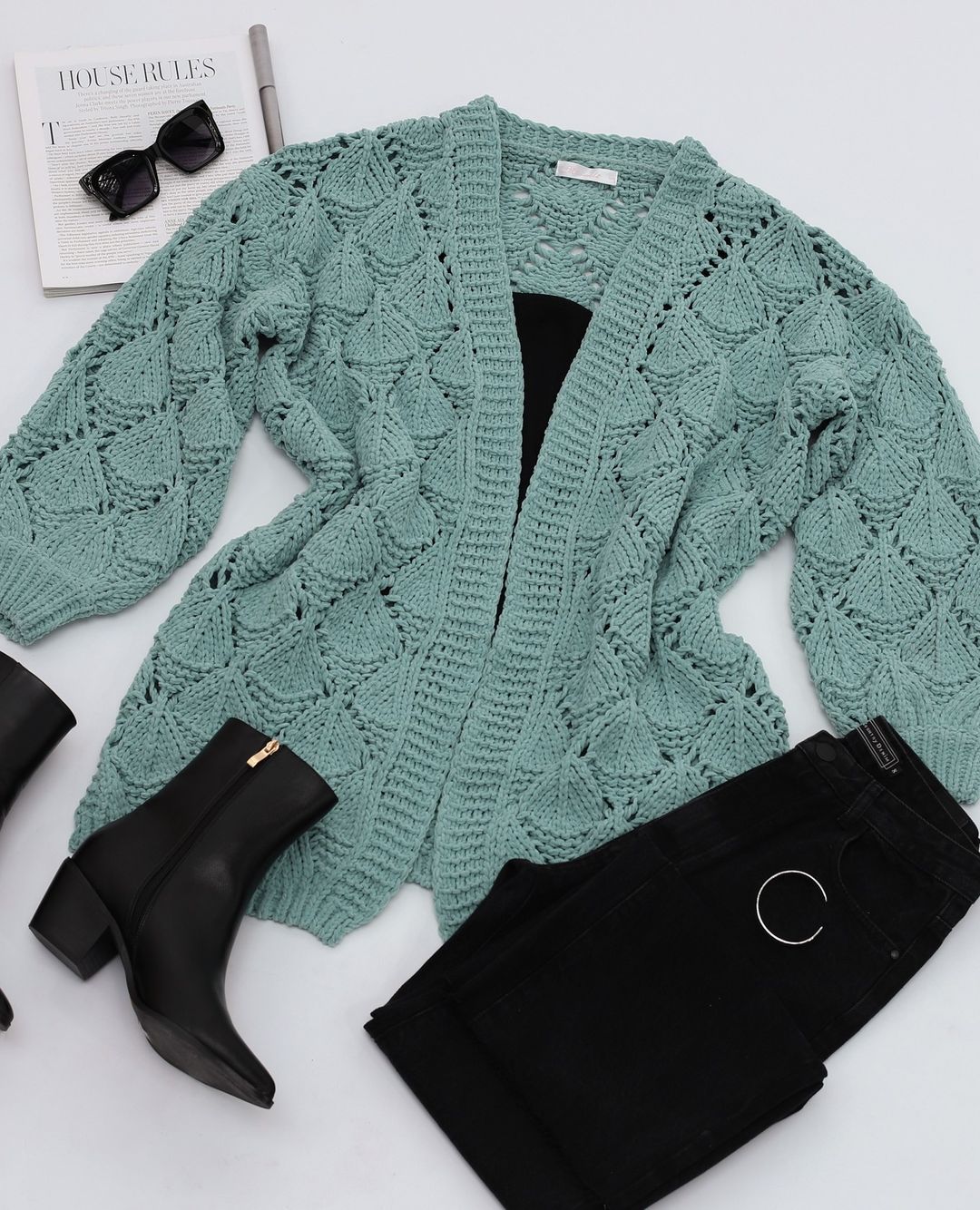 毛纺 V领 漏针-挑孔 细针 提花-绞花 云杉蓝 海灰色 都市  - VALI鞋履AI设计主图