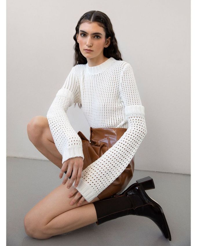 毛纺 圆形领 漏针-挑孔 粗针 细针 炽白 云雾色 