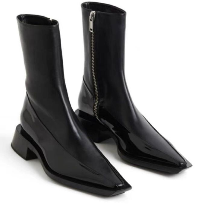 中跟 粗跟 方头 皮革 拉链 