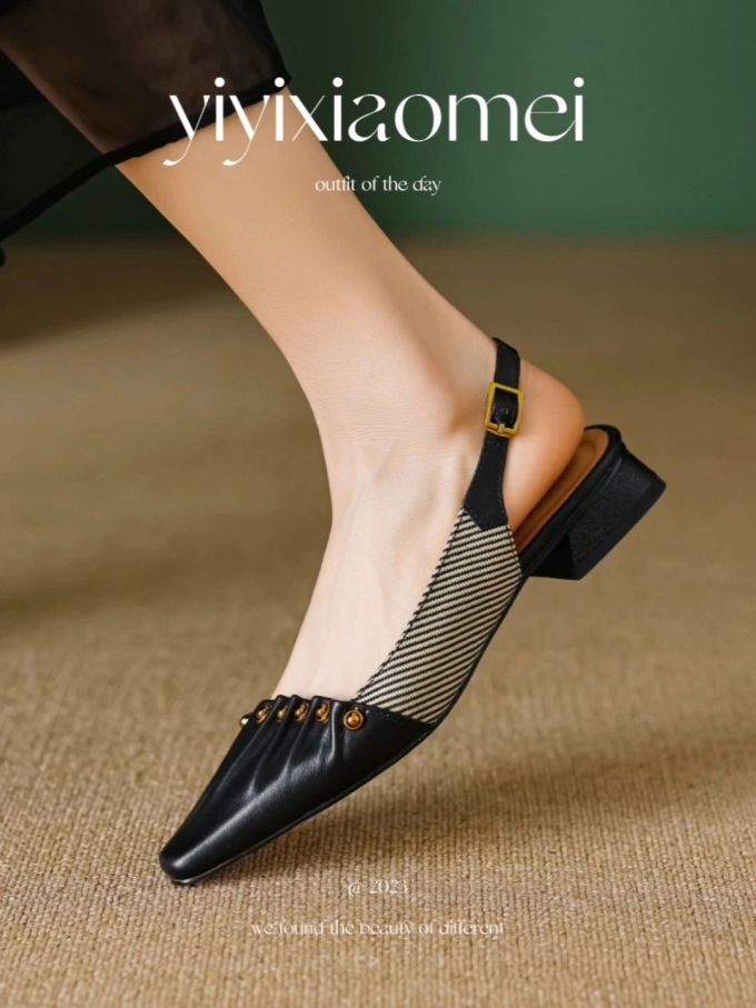 低跟 粗跟 无帮 袢扣 皮革 