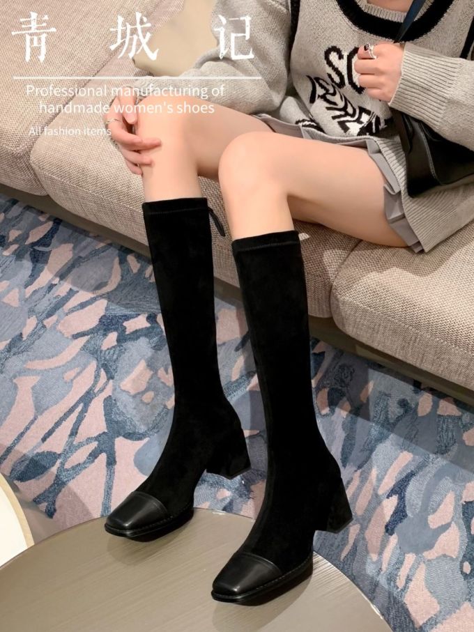 粗跟 方头 皮革 