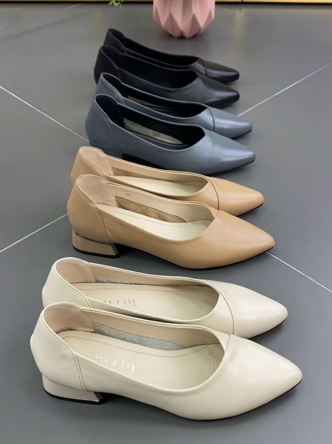 低跟 粗跟 尖头 低帮 一脚蹬 浅口鞋 皮革 