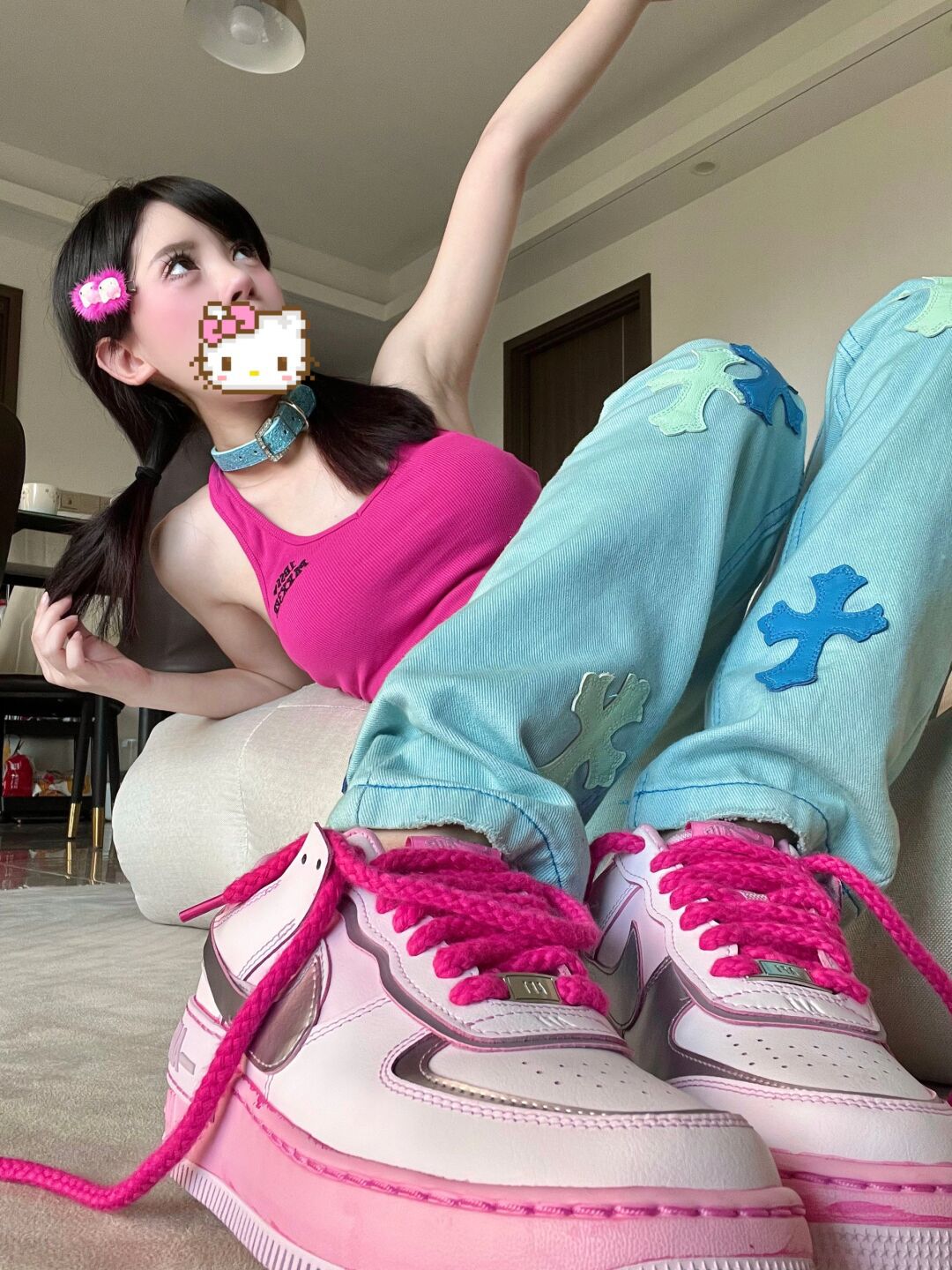 H型 植物/花卉 贴布绣 水蓝色 羽蓝色 Y2K 辣妹  - VALI鞋履AI设计主图