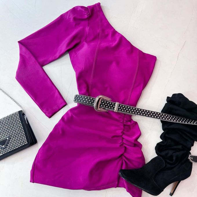 X型 立领 抽褶 深亮粉色 成品腰带 基础拉链 性感 