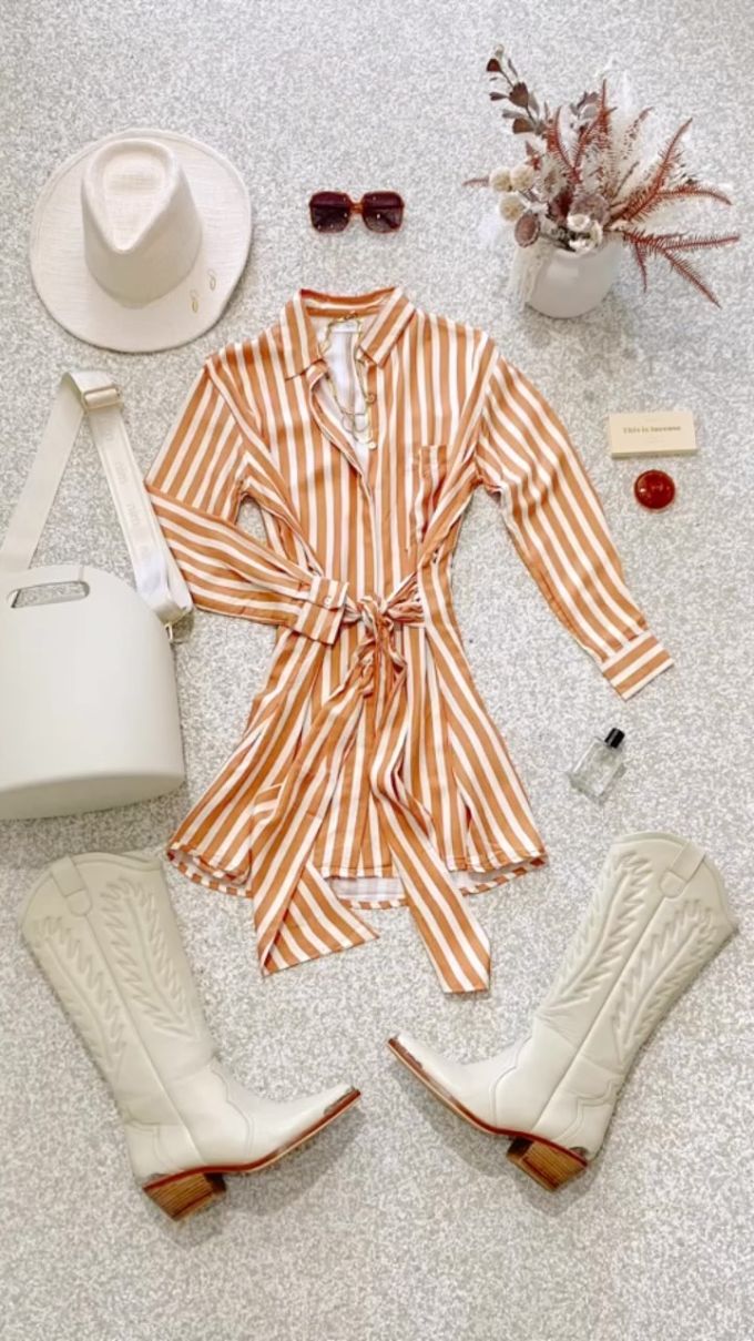 棉麻 X型 衬衫领 条纹/波纹 打结-扭结 奶油朗姆酒棕 蜜姜 本布腰带 