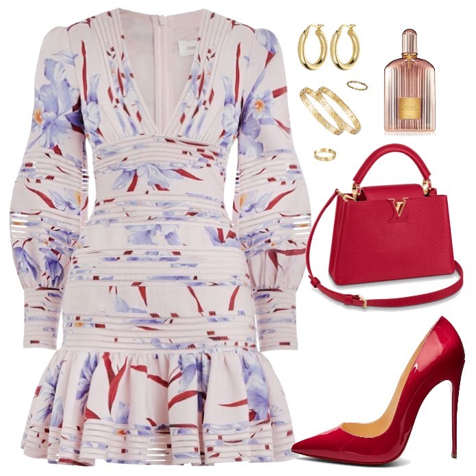 棉麻 X型 V领 植物/花卉 抽褶 荷叶边 印花 晨曦紫  - VALI鞋履AI设计主图