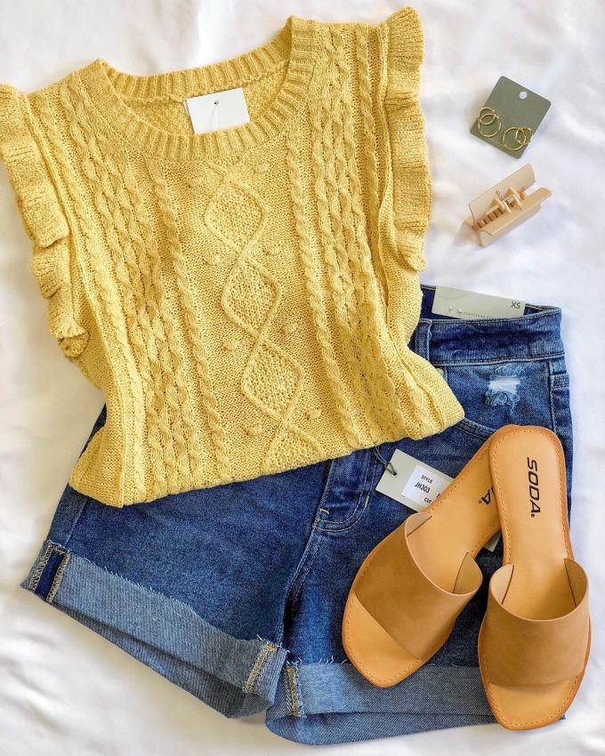 毛纺 T型 圆形领 细针 提花-绞花 雾黄色 青黄褐色 