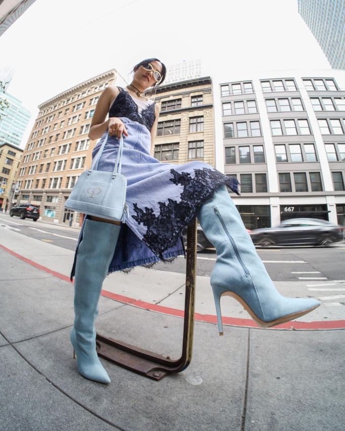 牛仔面料 A型 V领 撞色/渐变 拼接 洗水 毛边 夜蓝色 