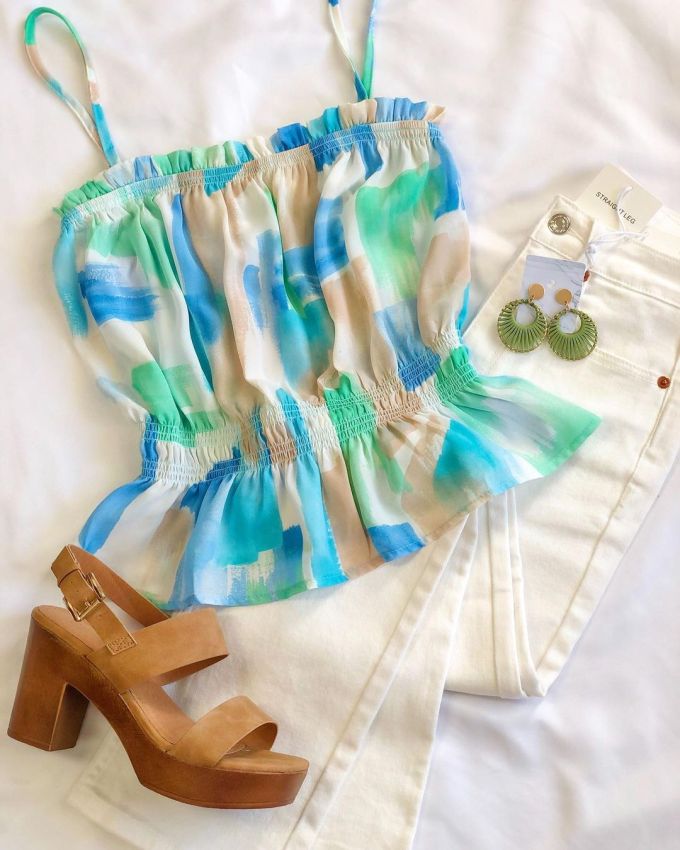 雪纺 A型 抹胸领 抽褶 打揽 印花 河蓝色 