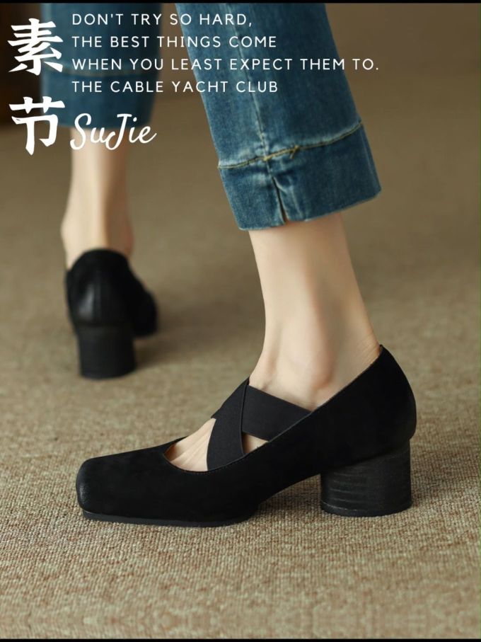 方头 松紧带 浅口鞋 皮革 