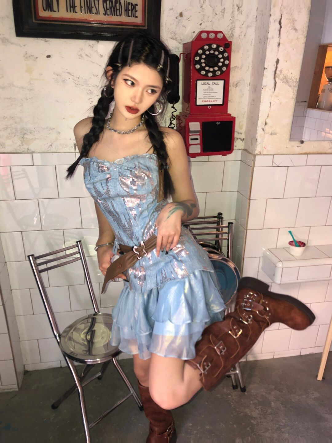 纱 A型 抹胸领 层叠 暗淡蓝 雾蓝色 洛丽塔  - VALI鞋履AI设计主图