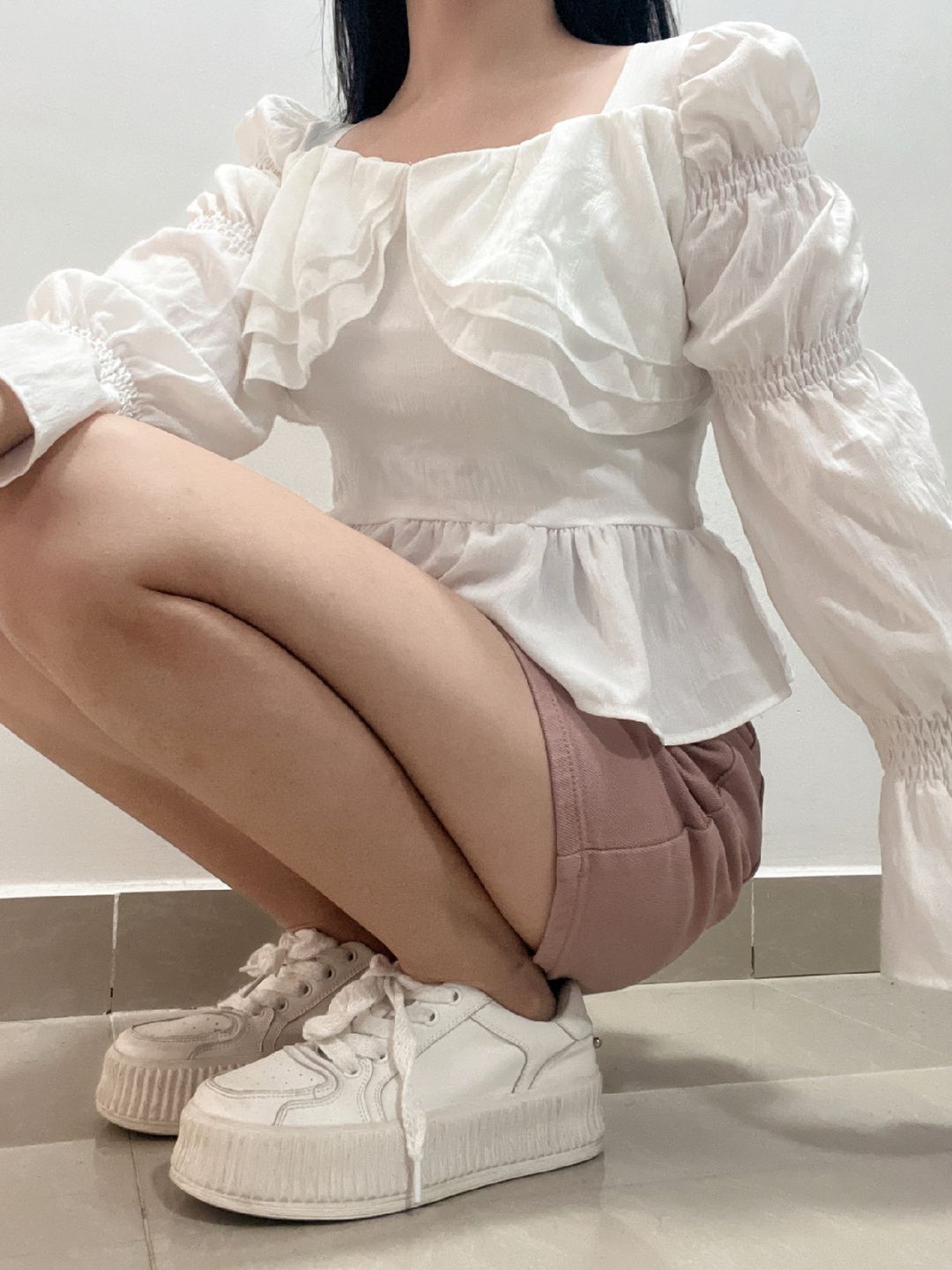 棉麻 X型 抽褶 荷叶边 城堡灰 甜美  - VALI鞋履AI设计主图