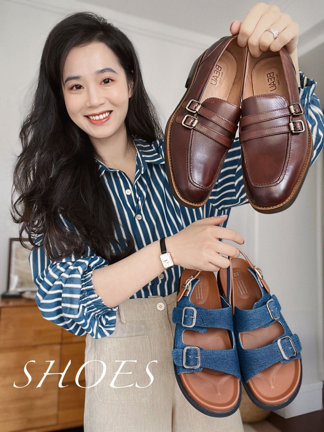 棉麻 衬衫领 条纹/波纹 水手蓝色 基础扣饰  - VALI鞋履AI设计主图