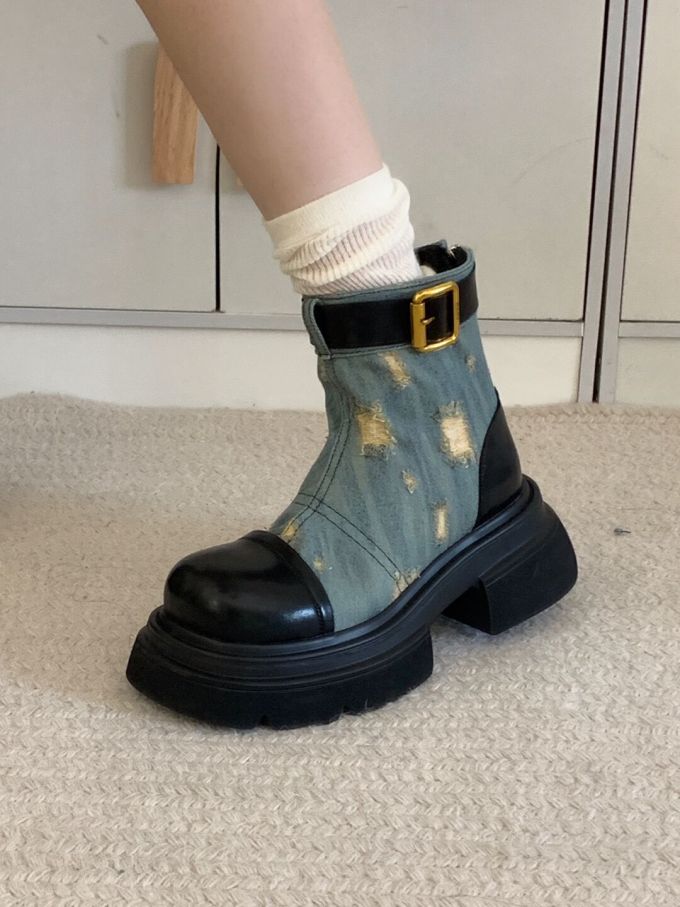 粗跟 圆头 皮革 