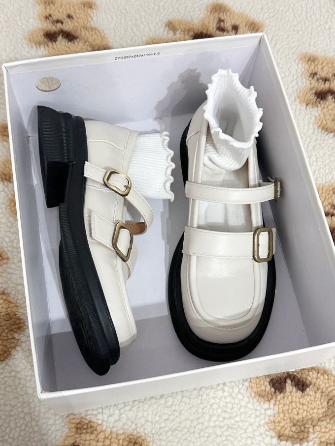 厚底 袢扣 中口鞋 皮革 