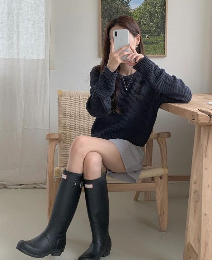 毛纺 H型 圆形领 细针 针织螺纹 夜蓝色 韩系休闲 休闲 