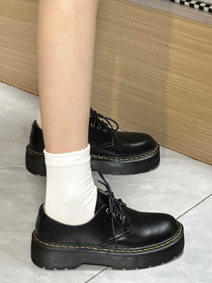 厚底 圆头 系带 皮革 
