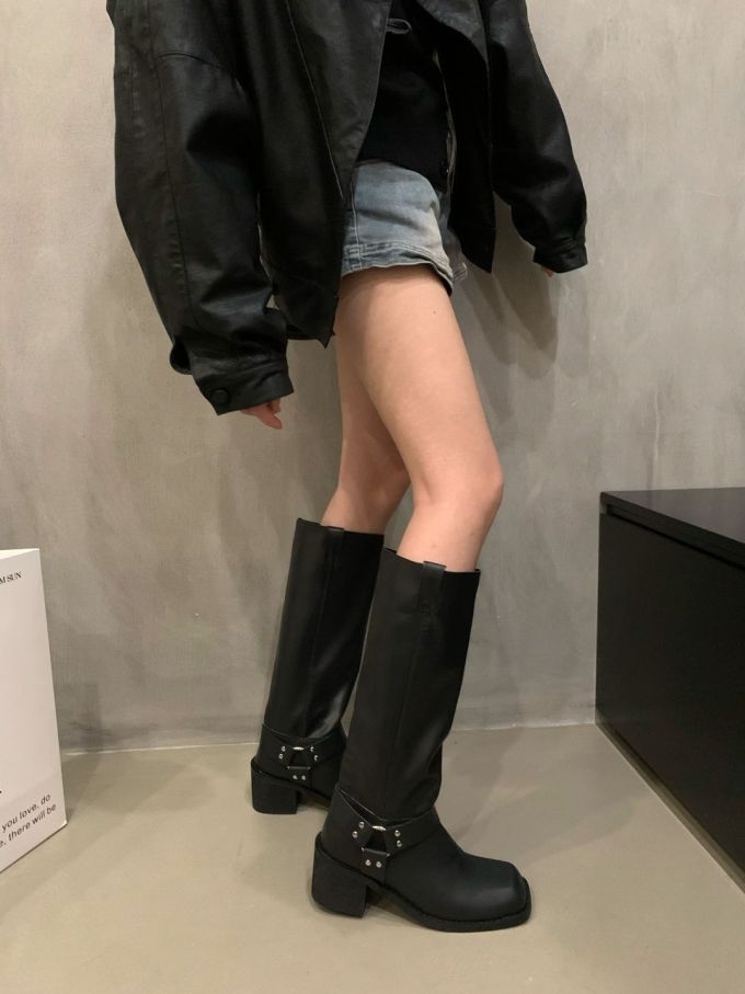 粗跟 方头 皮革 