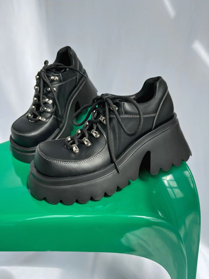 厚底 圆头 系带 皮革 