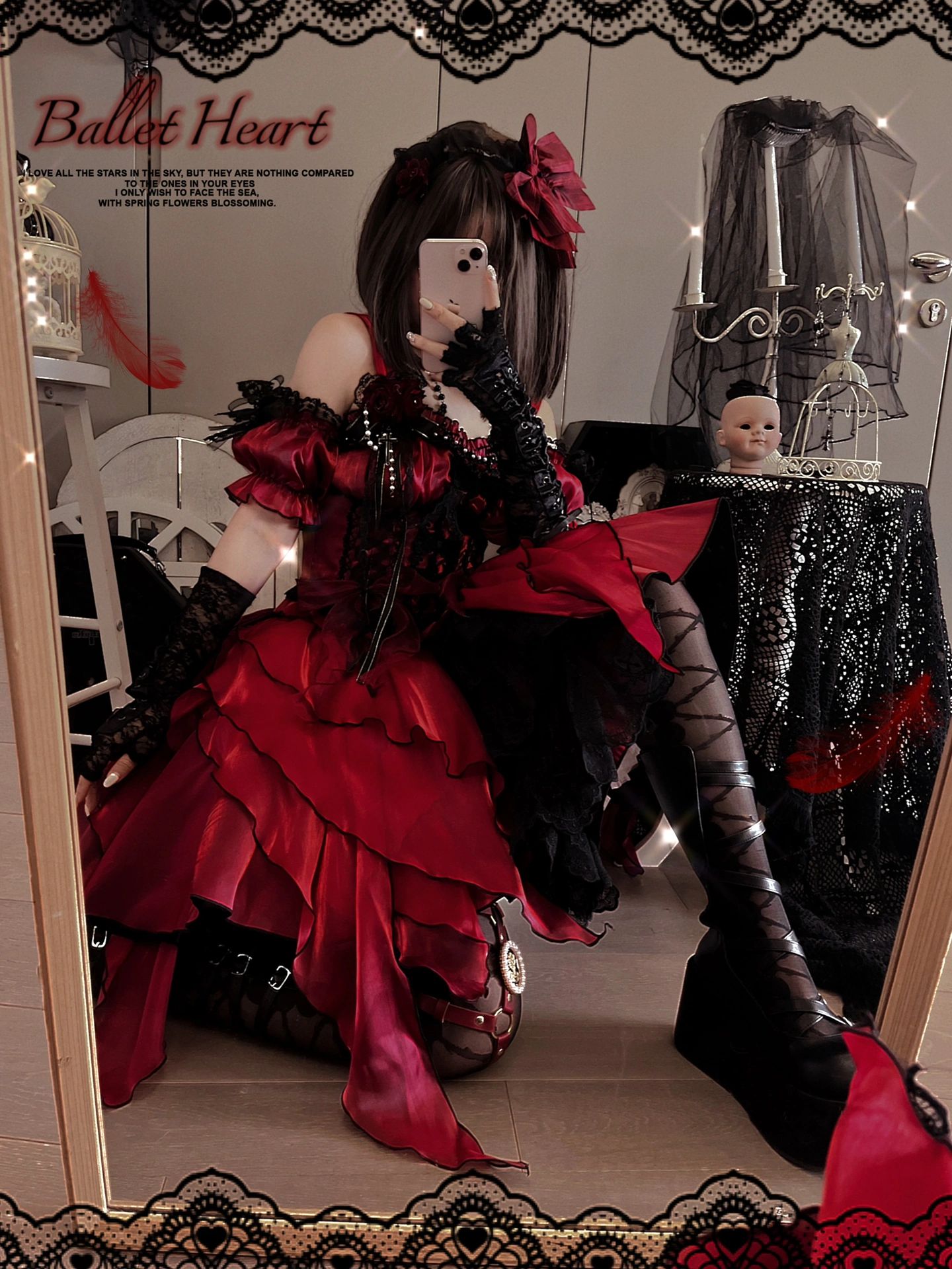 雪纺 层叠 荷叶边 边缘装饰 巴贝多樱桃色 踢踏舞鞋色 洛丽塔  - VALI鞋履AI设计主图