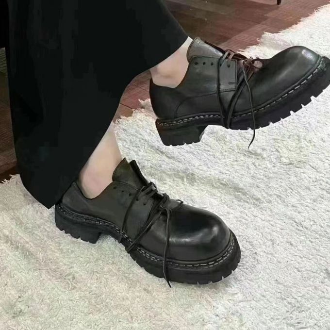 厚底 圆头 系带 皮革 