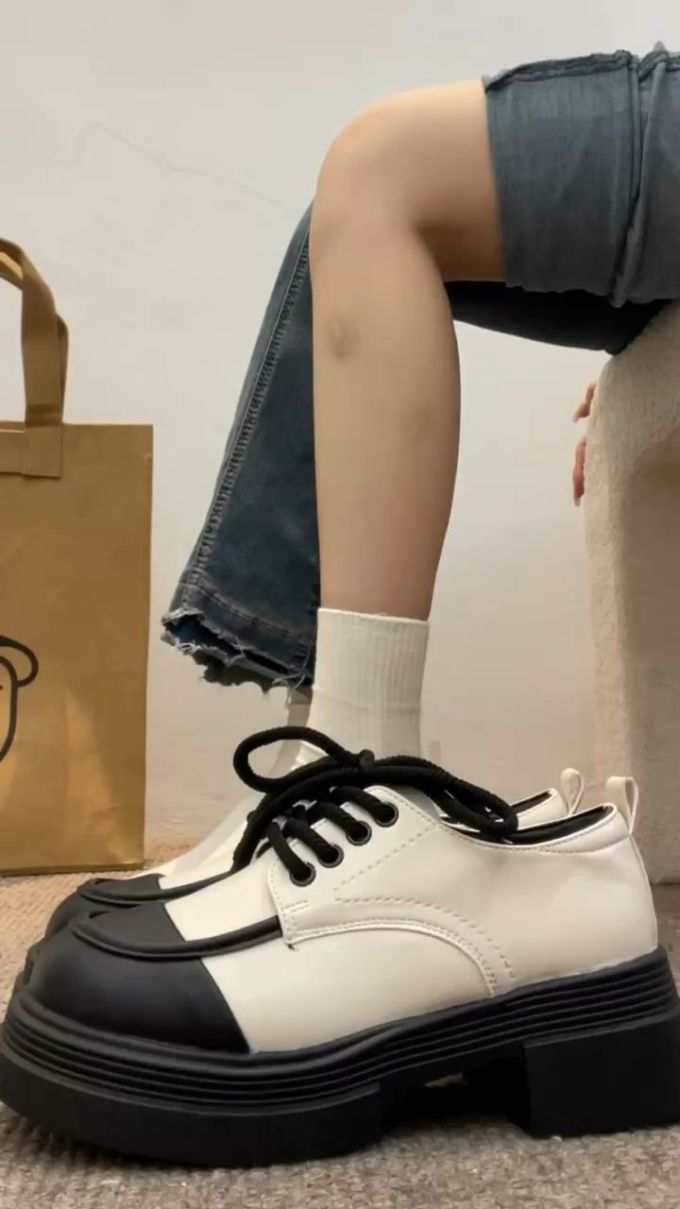 厚底 圆头 系带 皮革 