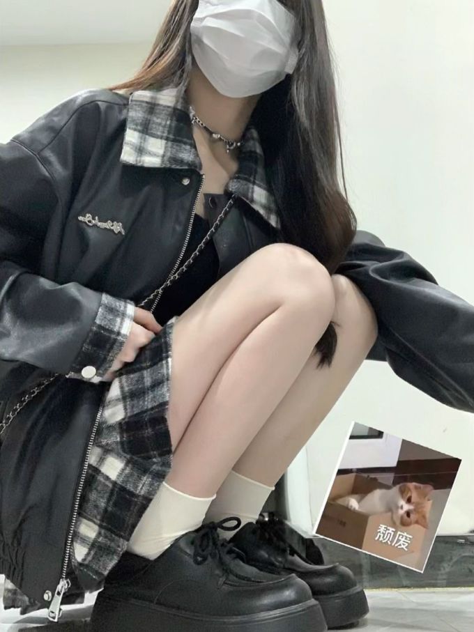 皮革面料 H型 翻领 格纹/菱格 拼接 轿车黑 基础扣饰 ABG辣妹 辣妹