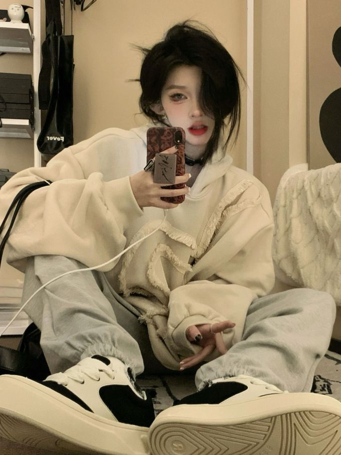 针织面料 H型 连帽领 边缘装饰 奶杏黄 沙漠色 
