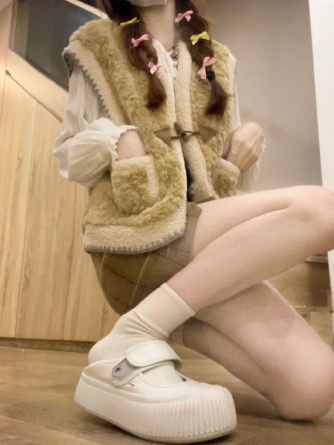 摇粒绒 V领 打结-扭结 赭黄 咖喱色 云雀色 甜妹风 甜美