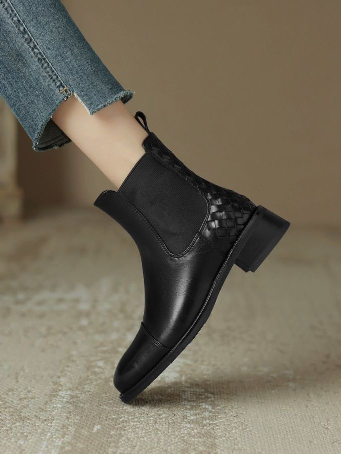 低跟 粗跟 松紧带 皮革 