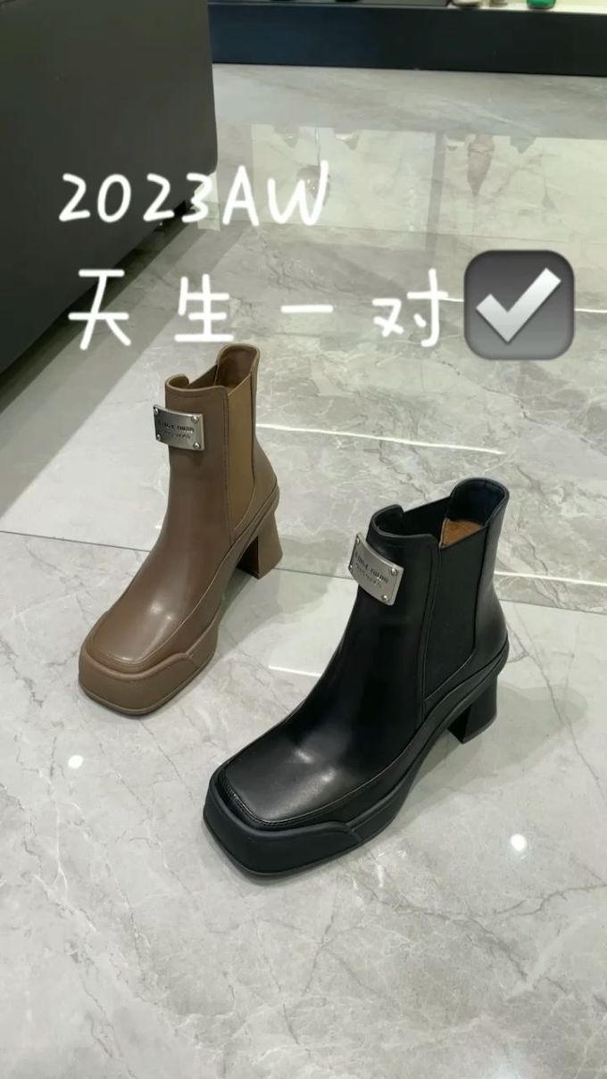 中跟 粗跟 方头 松紧带 皮革