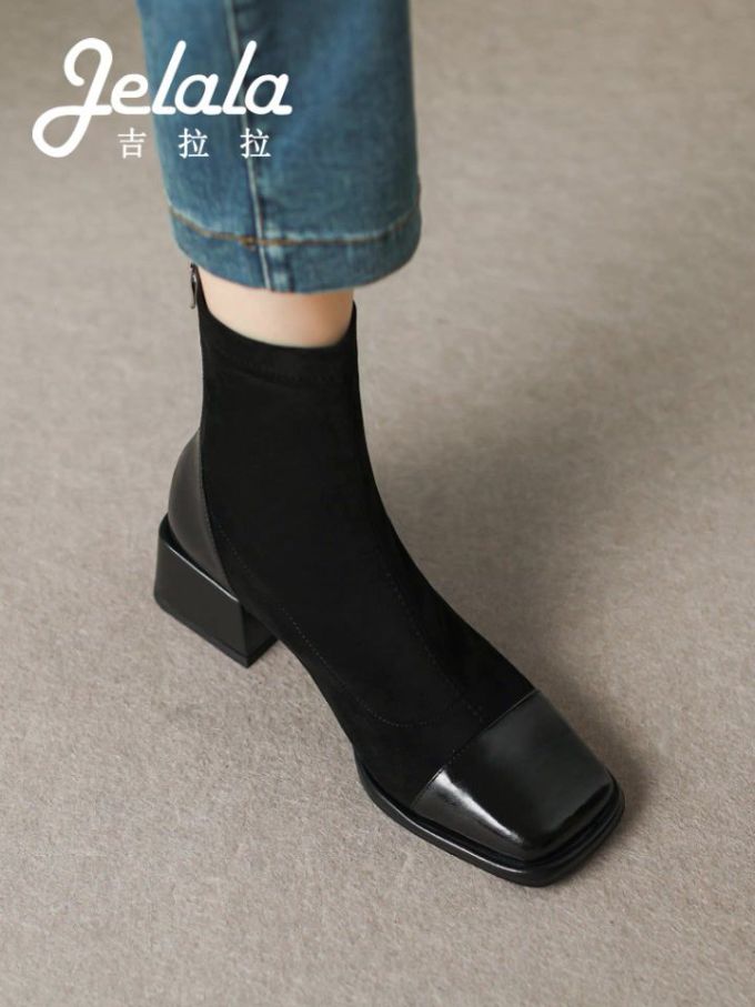 中跟 粗跟 方头 皮革 