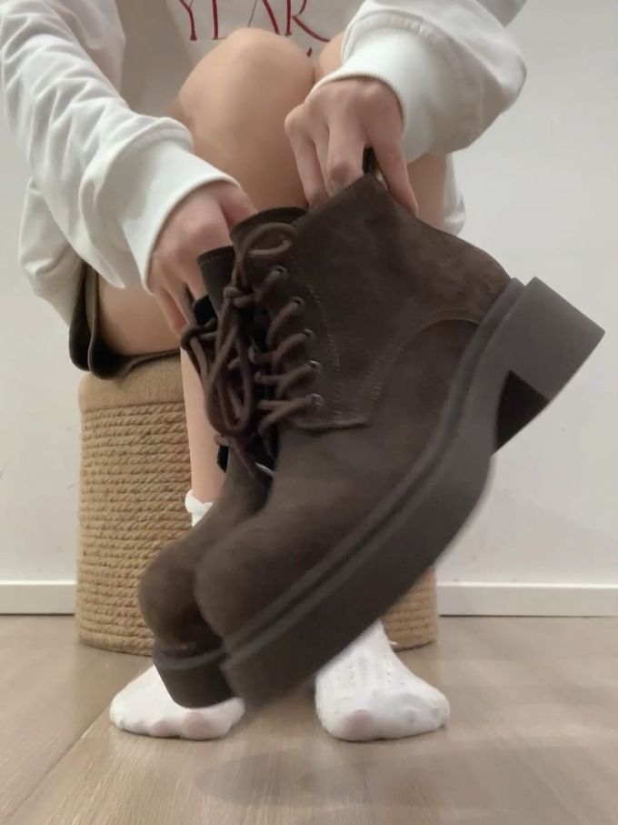 厚底 系带 皮革 