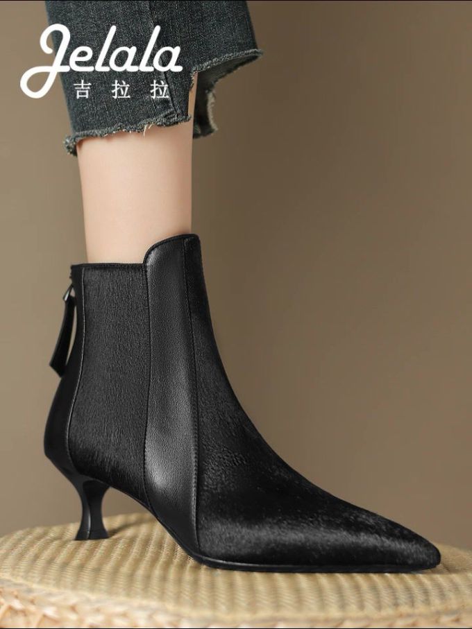 中跟 尖头 松紧带 皮革