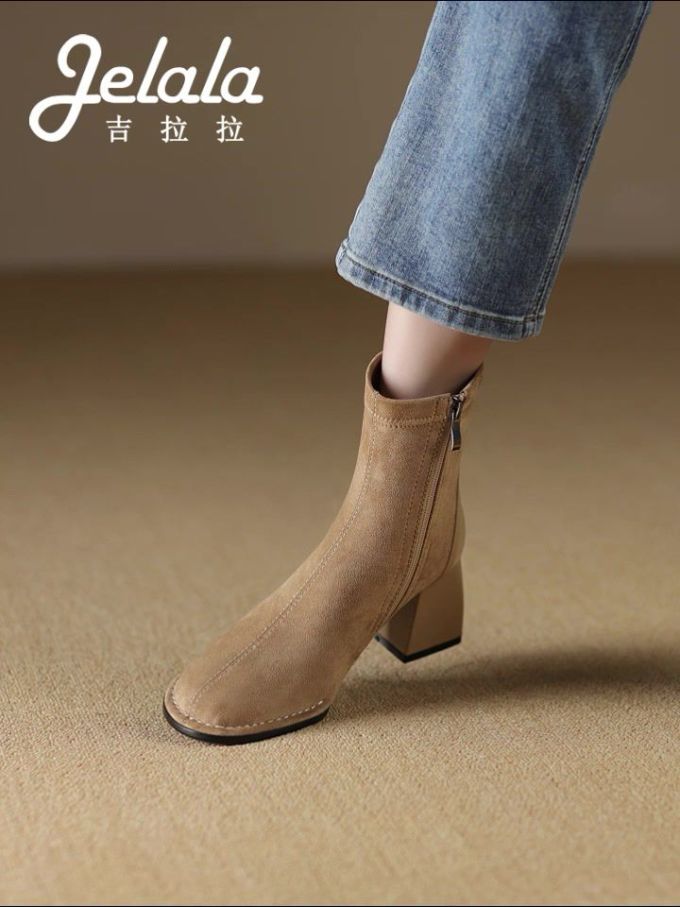 中跟 粗跟 方头 拉链 皮革
