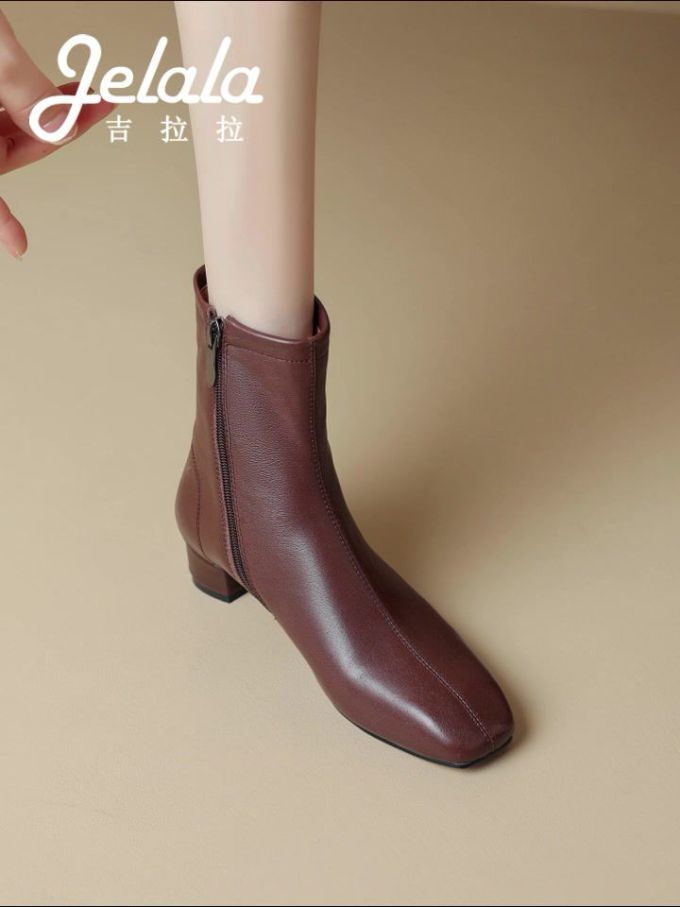 中跟 粗跟 方头 拉链 皮革