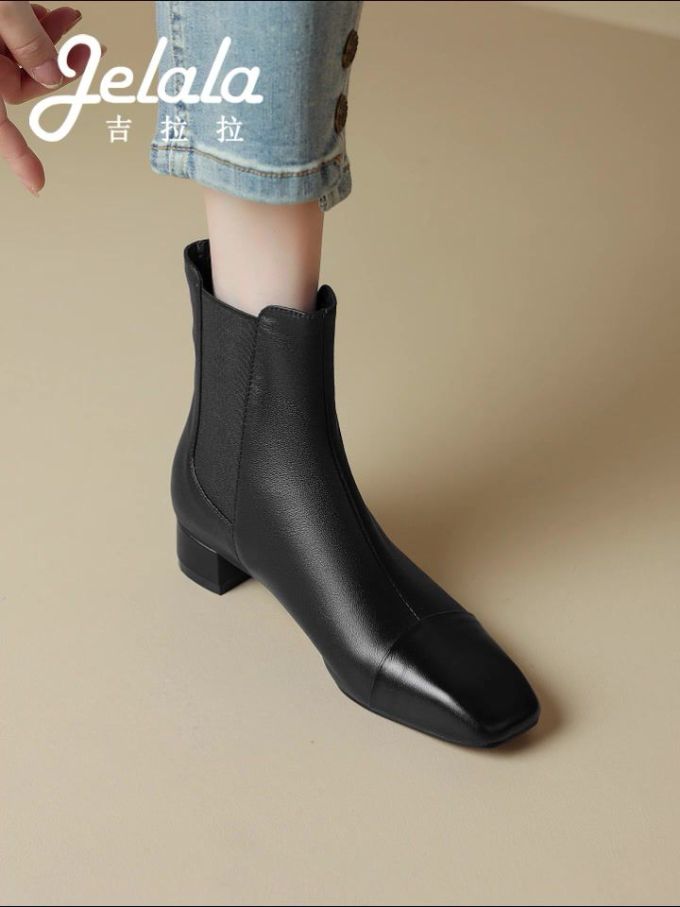中跟 粗跟 方头 松紧带 皮革