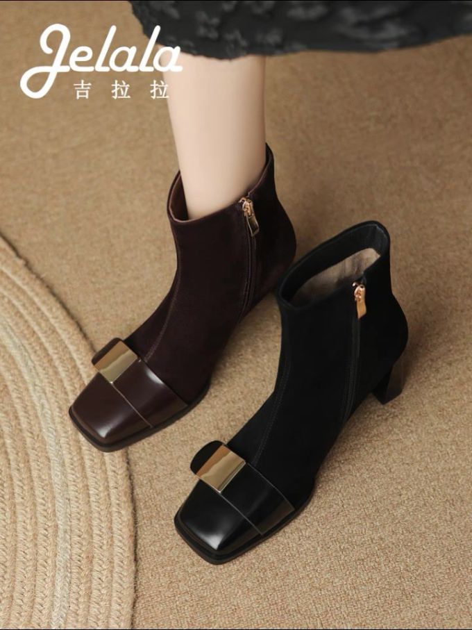 粗跟 方头 拉链 皮革