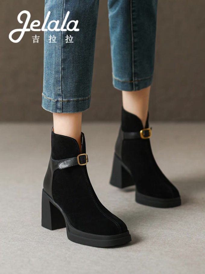 高跟 粗跟 方头 皮革 拉链