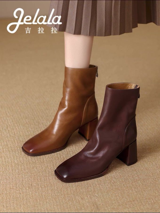中跟 粗跟 方头 皮革