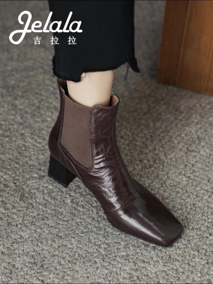 中跟 粗跟 方头 松紧带 皮革