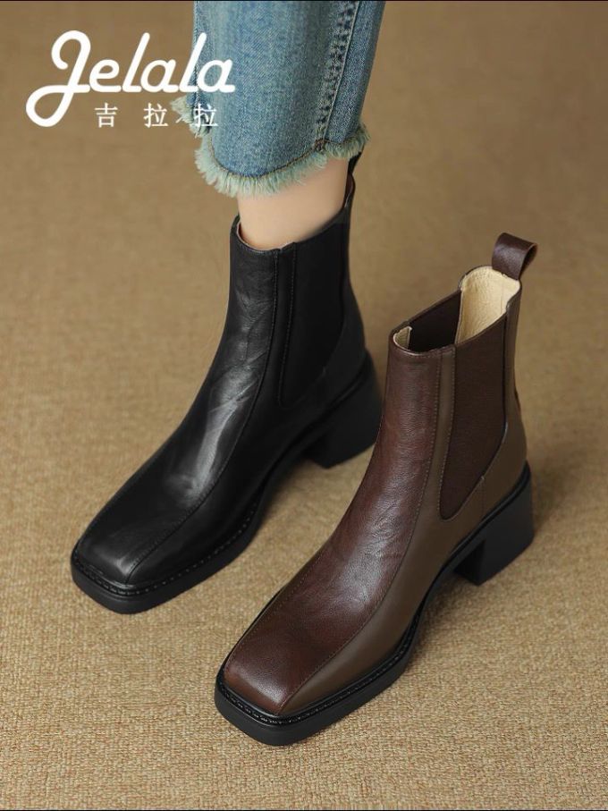 低跟 粗跟 方头 松紧带 皮革 