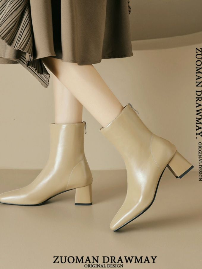 中跟 粗跟 方头 皮革 