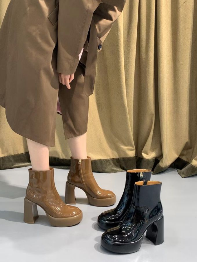 高跟 粗跟 圆头 皮革 拉链 