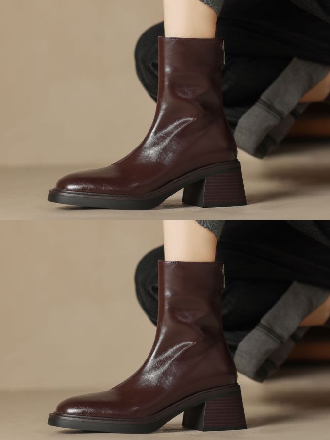 中跟 粗跟 方头 皮革 