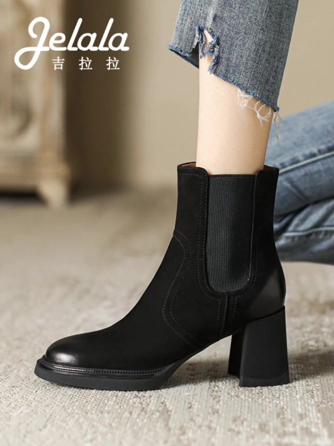 中跟 粗跟 松紧带 皮革 