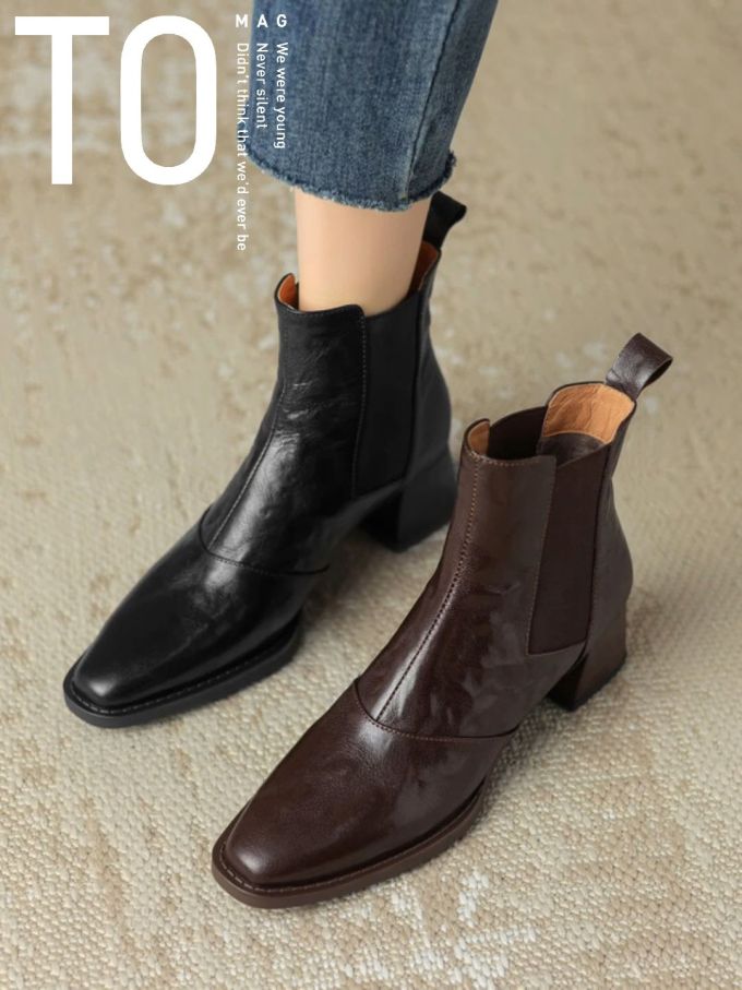 中跟 粗跟 圆头 松紧带 皮革 