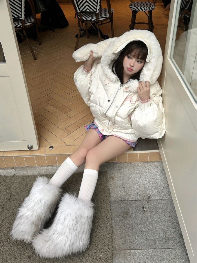 防护功能 O型 连帽领 抽褶 绗缝 雪白色 葵白色 Y2K 辣妹 甜美