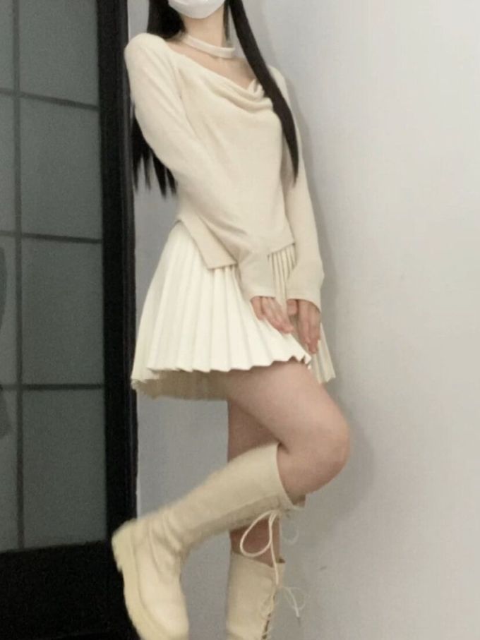 毛纺 X型 褶裥 羊皮纸浅驼 骨白色 甜妹风 甜美