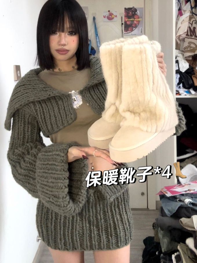 毛纺 截短型 粗针 针织螺纹 橄榄绿 榉树色 羊毛色 甜妹风 甜美